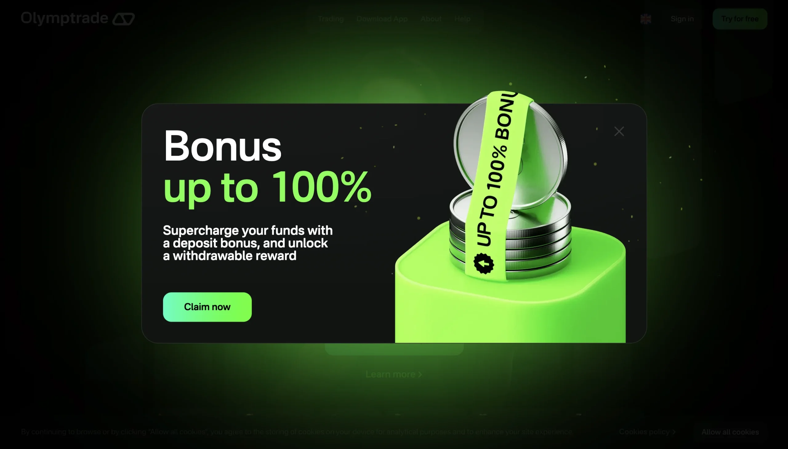 Olymptrade bonus up to 100%.