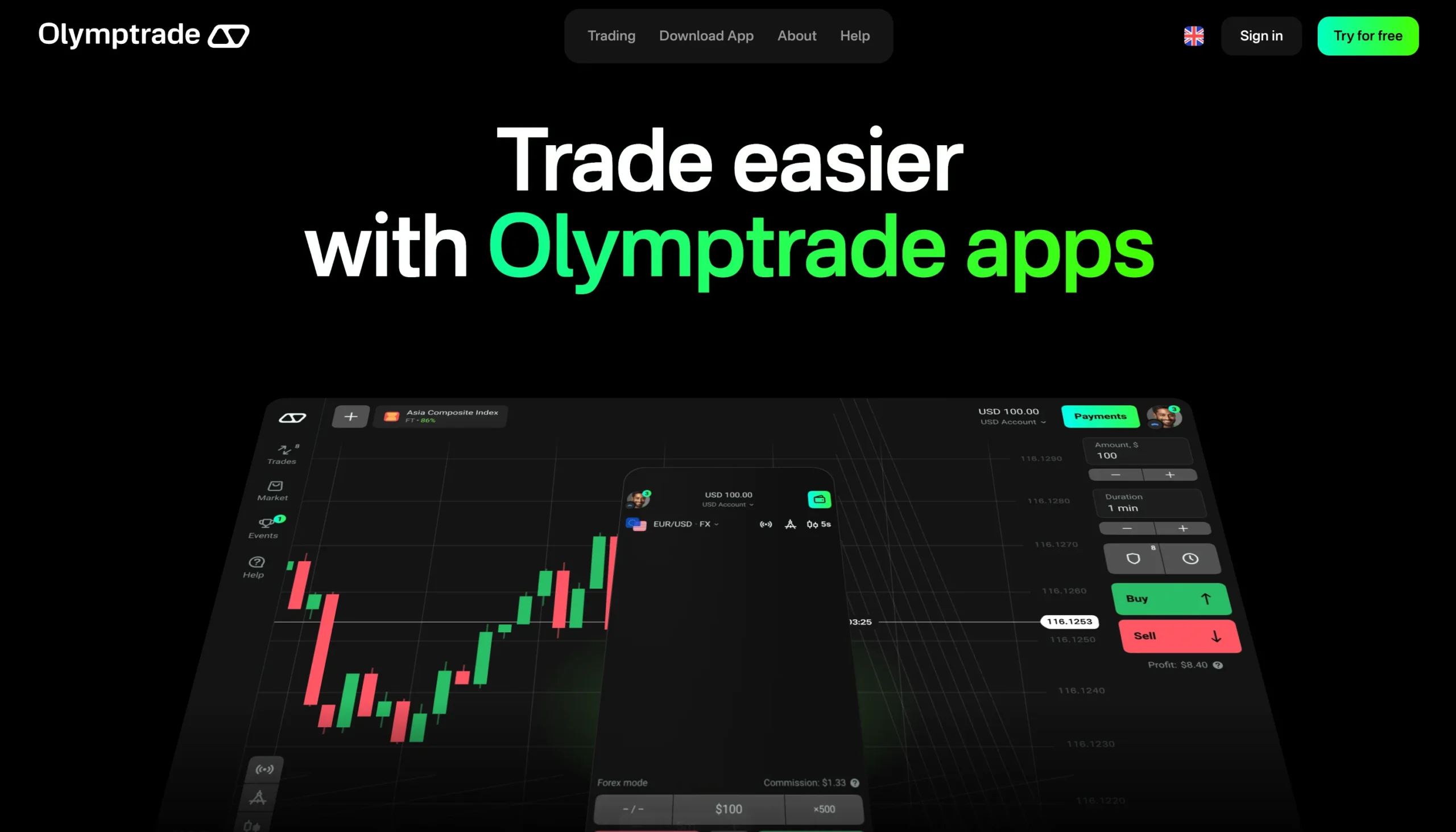 Olymptrade app download page on the official website.