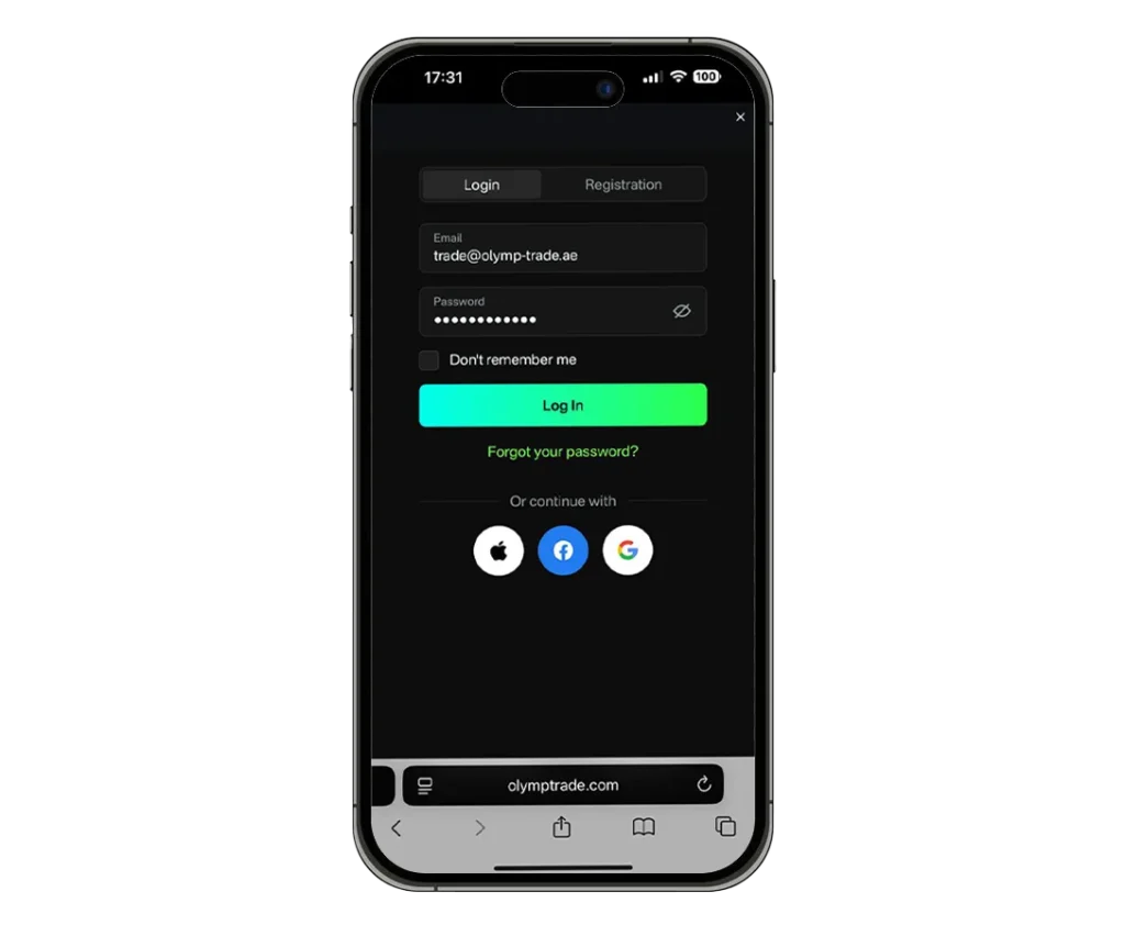 Olymptrade login form.