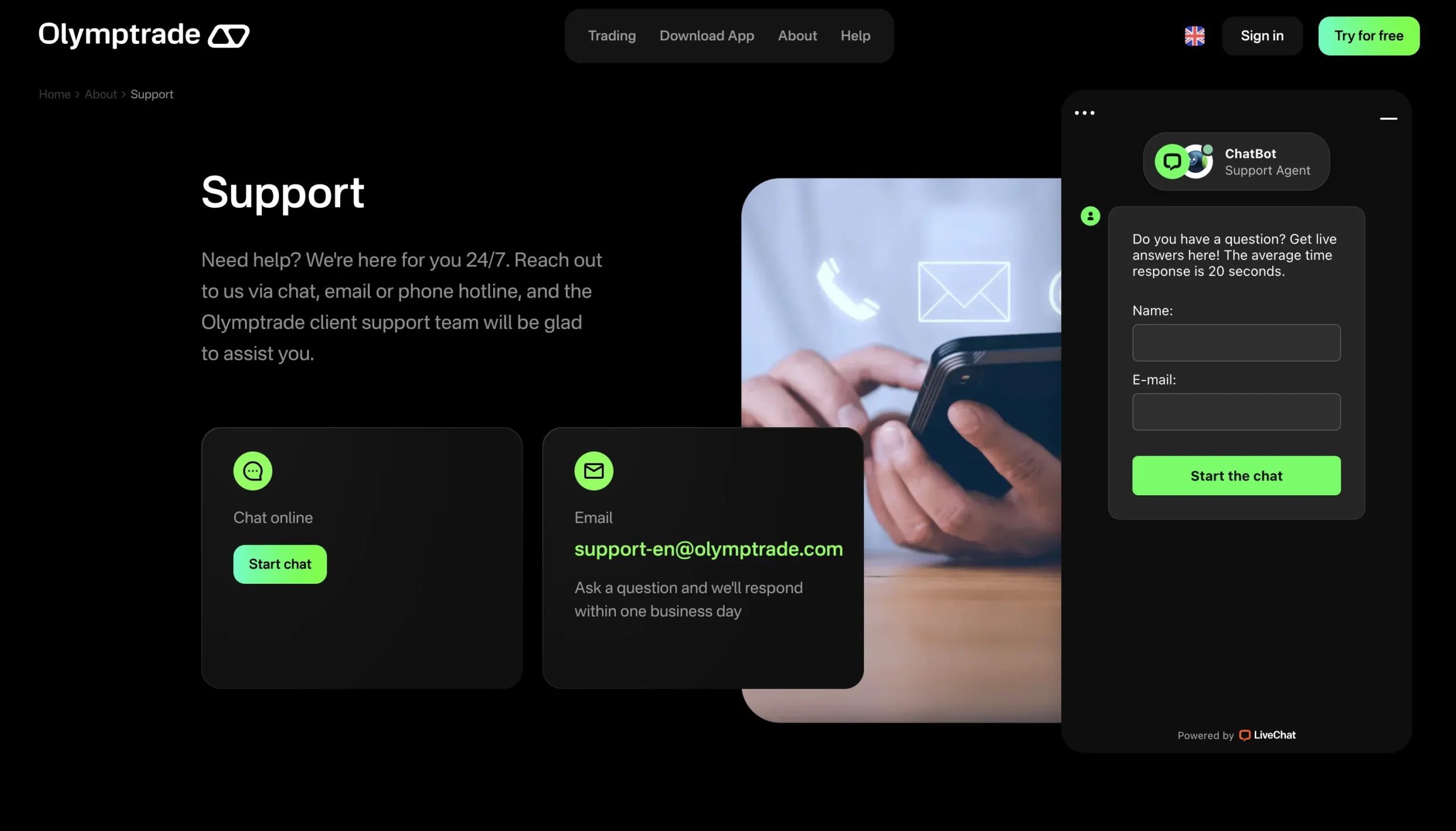 Ways to contact Olymptrade support.